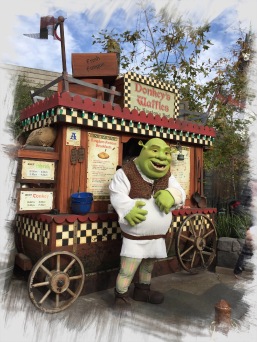 Shrek, der alte Grünmops...verkauft Waffeln in den Universal Studios Hollywood.